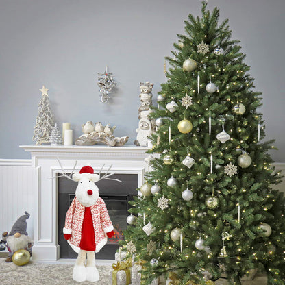 Figurina Decorativa, Pentru Craciun, Ren, Picioare Telescopice, Inaltime Reglabila 42 - 80 cm, cu Haina, Alb/Rosu