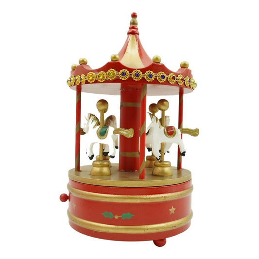 Cutiuta muzicala decorata de Craciun, Carusel rotativ, Rosu, din Lemn, Interior