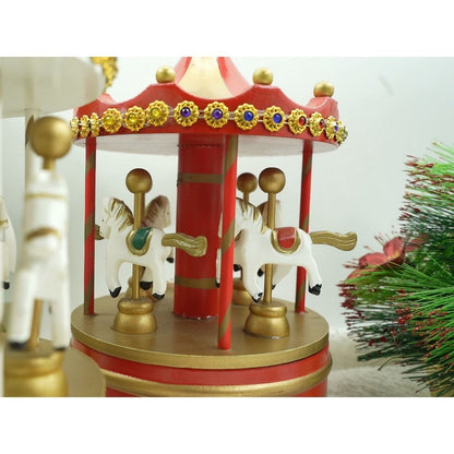 Cutiuta muzicala decorata de Craciun, Carusel rotativ, Rosu, din Lemn, Interior