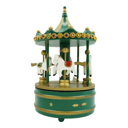 Cutiuta muzicala decorata de Craciun, Carusel rotativ, Verde, din Lemn, Interior