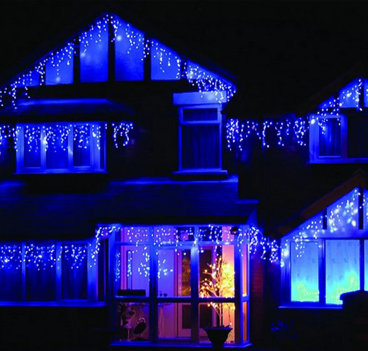 Instalatie de Craciun tip franjuri, model turturi, 24 M, 600 LED, interconectabila, albastru