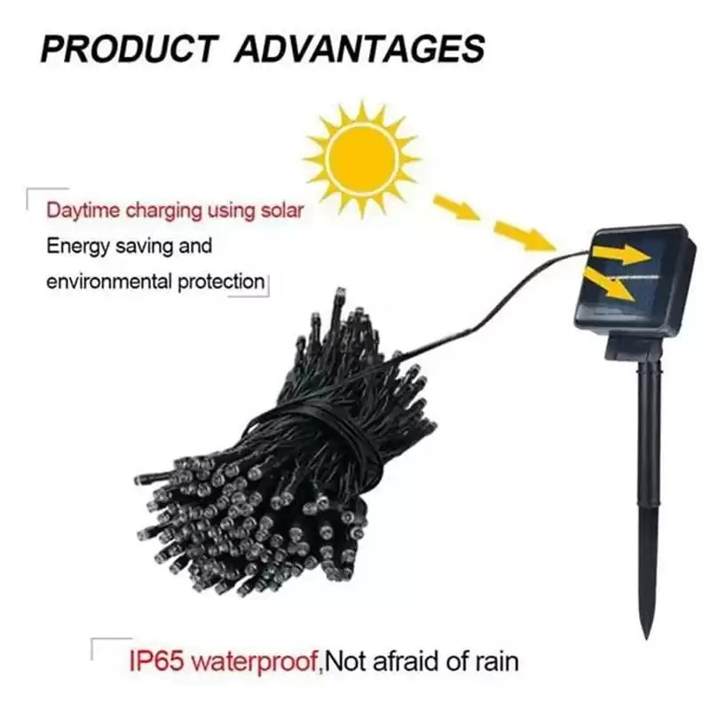Instalatie lumisoasa solara de exterior, 100 led, 10 M, Alb Rece