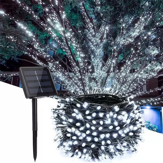 Instalatie lumisoasa solara de exterior, 100 led, 10 M, Alb Rece
