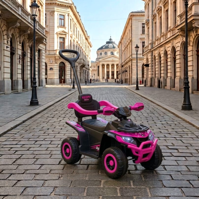 Atv Electric Copii 4 in 1 ROZ, cu Lumini si Maner de impins pentru parinti detasabil