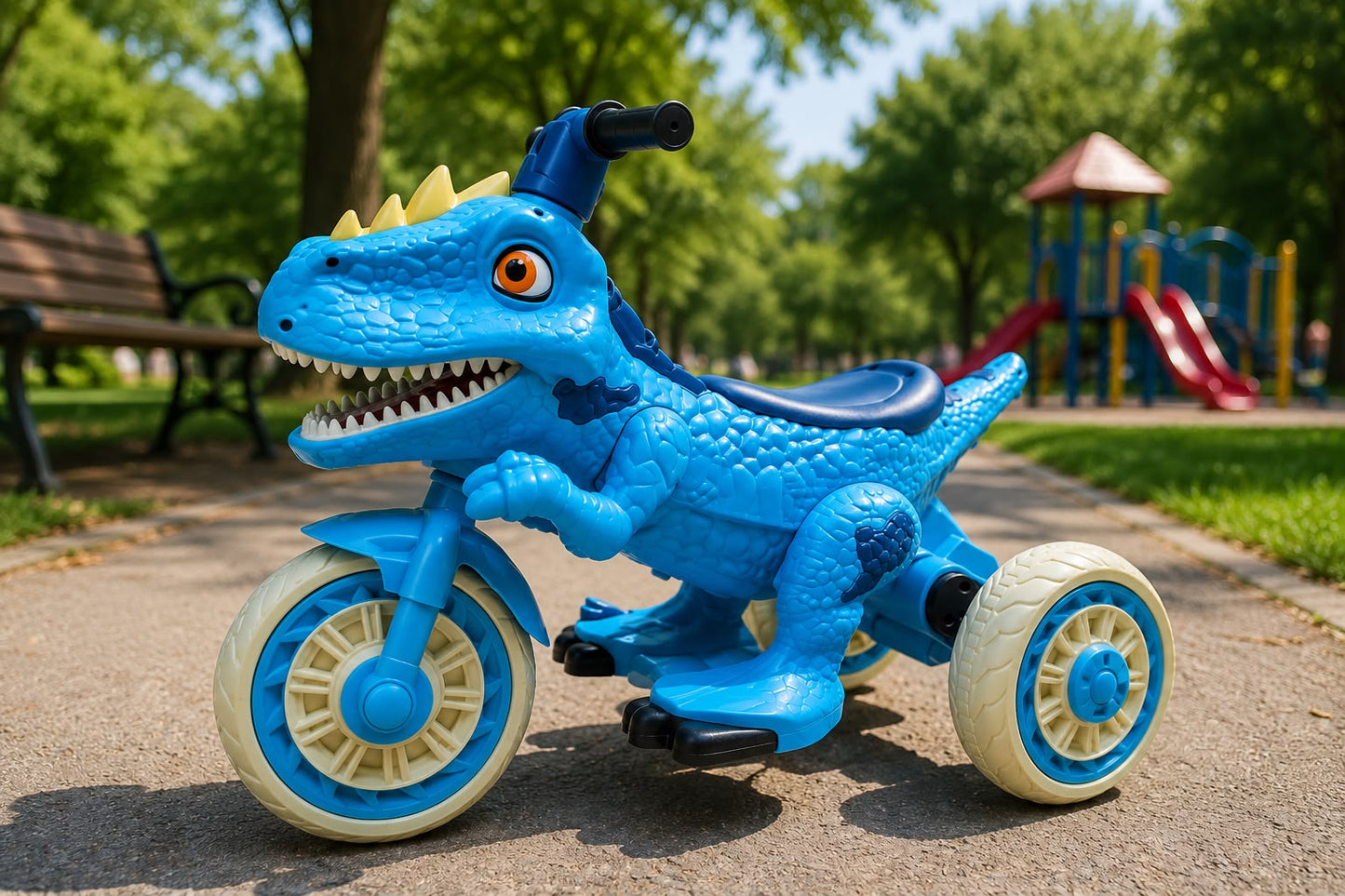 Motocicletă Electrică pentru Copii Dinozaur, 3 Roți, Acumulator 12V, Design T-Rex, 2+ Ani