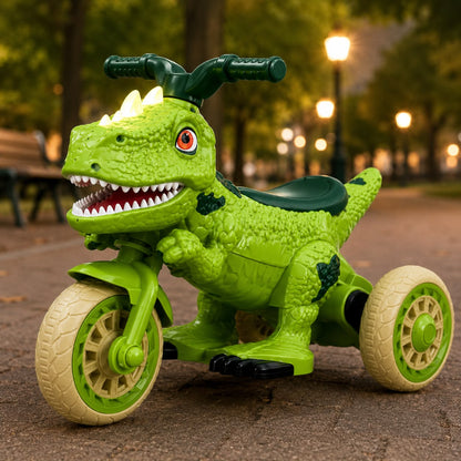 Motocicletă Electrică pentru Copii Dinozaur, 3 Roți, Acumulator 12V, Design T-Rex, 2+ Ani