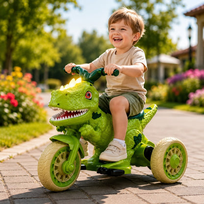 Motocicletă Electrică pentru Copii Dinozaur, 3 Roți, Acumulator 12V, Design T-Rex, 2+ Ani