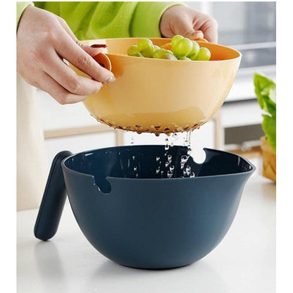 Bol cu Doua Straturi, pentru Fructe, Legume, cu Cos de Scurgere a Apei, 2L, din ABS+PP, 29.9 x 22.5 x 11.8 cm, Albastru-Portocaliu