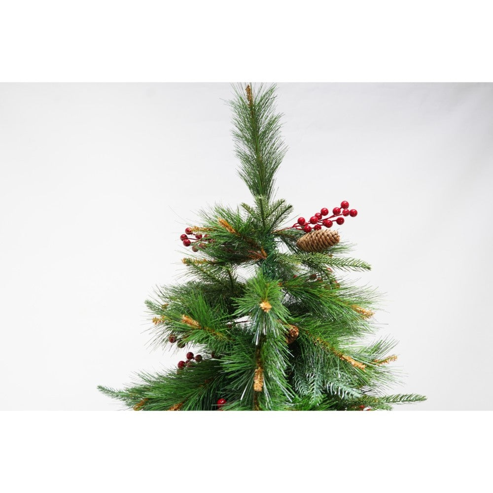 Brad artificial de Craciun, decorat cu conuri pin rosii, pentru interior/exterior, inaltime 150 cm, diametru 104 cm, 323 ramuri, verde, suport metalic inclus