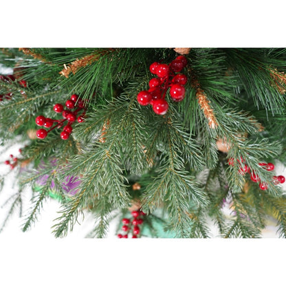 Brad artificial de Craciun, decorat cu conuri pin rosii, pentru interior/exterior, inaltime 150 cm, diametru 104 cm, 323 ramuri, verde, suport metalic inclus
