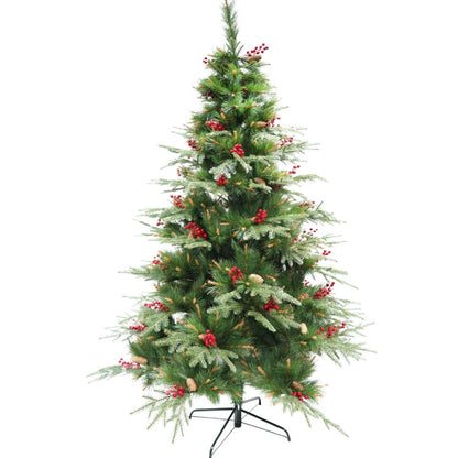 Brad artificial de Craciun, decorat cu conuri pin rosii, pentru interior/exterior, inaltime 150 cm, diametru 104 cm, 323 ramuri, verde, suport metalic inclus
