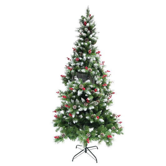 Brad artificial de Craciun nins, decorat cu conuri pin rosii, diametru 83 cm, 319 ramuri, verde, suport metalic inclus
