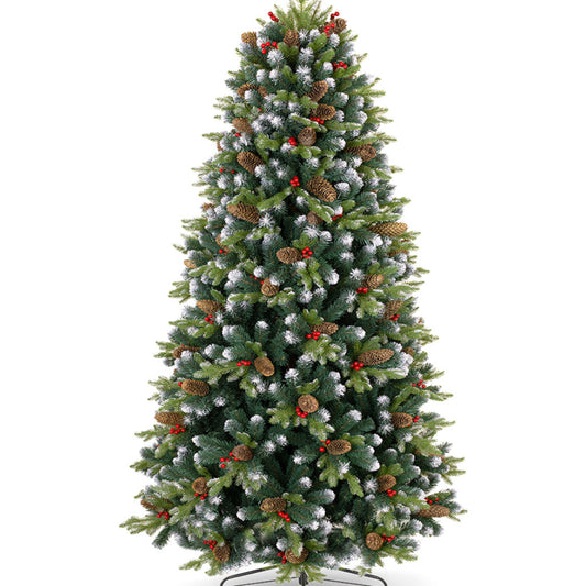 Brad Artificial PREMIUM Rustic 3D + 2D cu Conuri si bilute rosii + LED-uri/fibră optică integrat Multicolor -180 cm