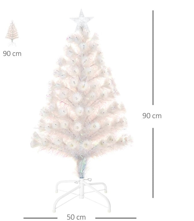 Brad de Craciun Artificial Alb 90 Lumini LED Colorate si Fibre Optice, 90 cm