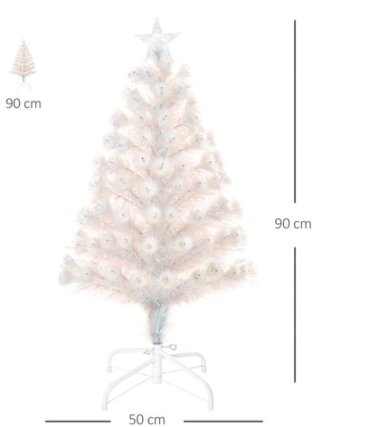 Brad de Craciun Artificial Alb 90 Lumini LED Colorate si Fibre Optice, 90 cm