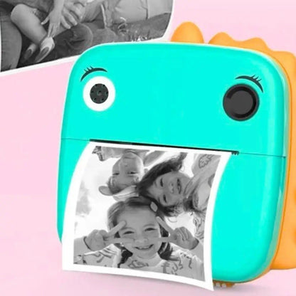 Aparat Foto cu Camera Frontala + Selfie, cu Functie de Printare, Cablu USB-C, Bluetooth, Compatibil iOS/Android, Model Dinozaur, Snur Inclus, Verde