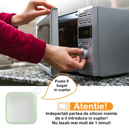 Caserola pentru sandwich, din silicon si polipropilena, portabil, usor de curatat, capac anti-scurgere, reutilizabil, 15.5 x 15.5 x 2.5 cm, verde
