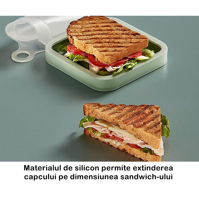 Caserola pentru sandwich, din silicon si polipropilena, portabil, usor de curatat, capac anti-scurgere, reutilizabil, 15.5 x 15.5 x 2.5 cm, verde
