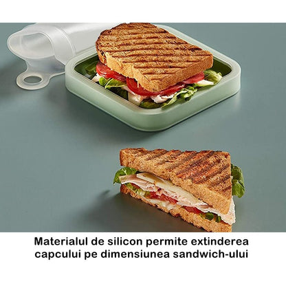 Caserola pentru sandwich, din silicon si polipropilena, portabil, usor de curatat, capac anti-scurgere, reutilizabil, 15.5 x 15.5 x 2.5 cm, verde