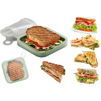 Caserola pentru sandwich, din silicon si polipropilena, portabil, usor de curatat, capac anti-scurgere, reutilizabil, 15.5 x 15.5 x 2.5 cm, verde