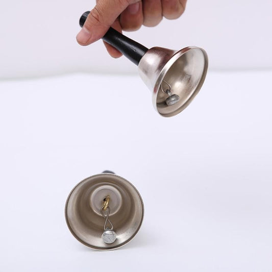 Clopotel de Craciun Metalic, Maner din Lemn, Circumferinta 6.5 cm, Lungime 12 cm, Argintiu