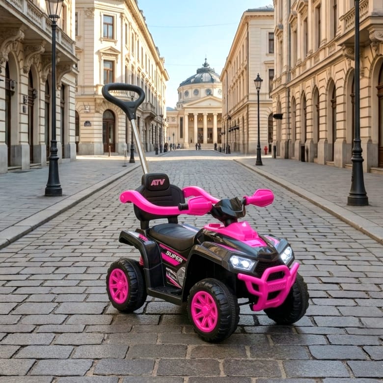 Atv Electric Copii 4 in 1 ROZ, cu Lumini si Maner de impins pentru parinti detasabil