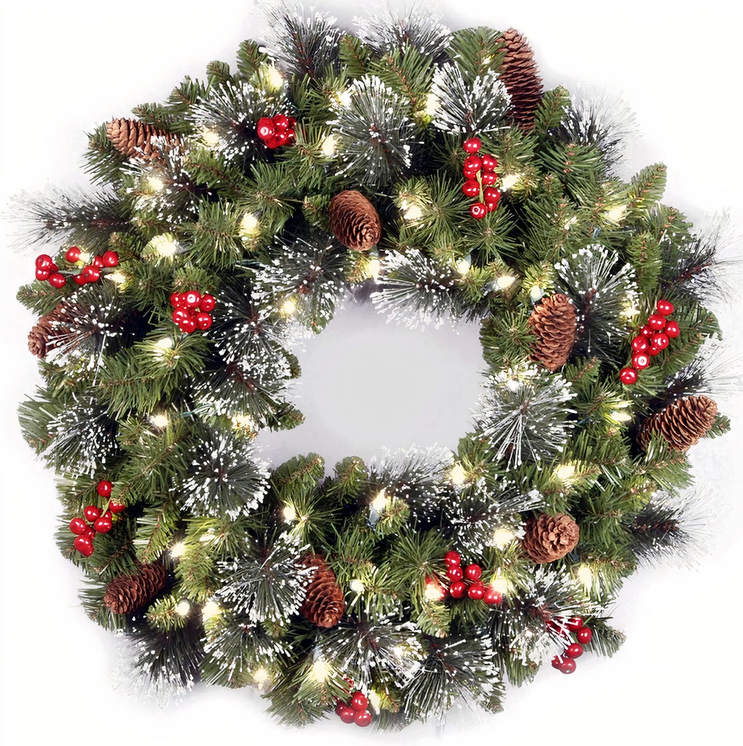 Coroniță Decorativă Crăciun 40cm cu 20 LED-uri Calde, Conuri și Fructe Roșii, Ramuri cu Zăpadă Artificială