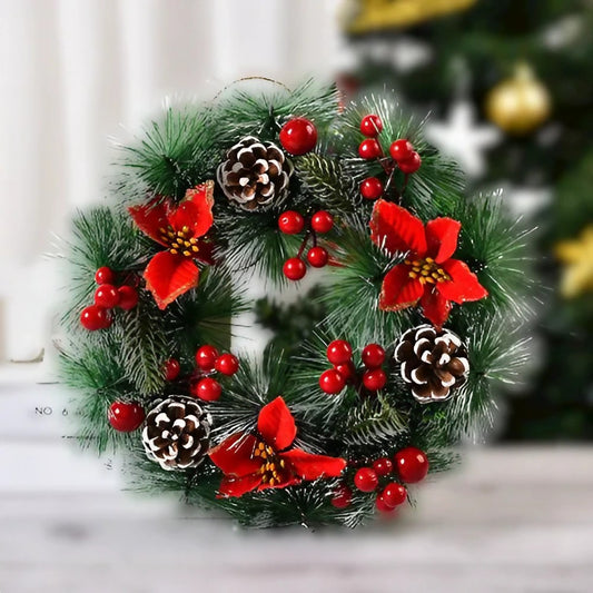 Coronita pentru Craciun , diametru 32 cm, din brad artificial, decorata cu conuri si merisoare, 3 Funde Rosii