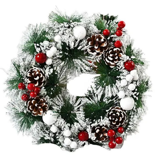 oronita pentru Craciun, diametru 32 cm, din brad artificial, decorata cu conuri si merisoare, inzapezit