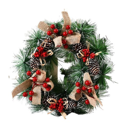 Coronita pentru Craciun,diametru 32 cm, din brad artificial, decorata cu conuri si merisoare, 3 Funde