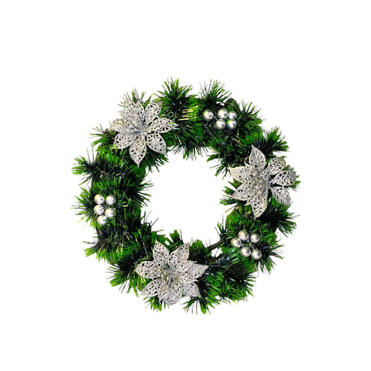 Coronita Decorativa pentru usa, Craciunite si Merisoare Argintii, 25CM