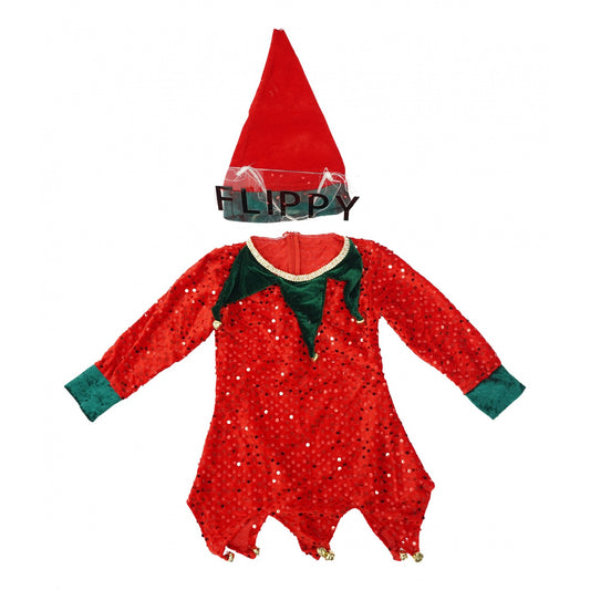 Costum Craciun, cu paiete , Spiridus, rosu, 7 -9 ani, catifea