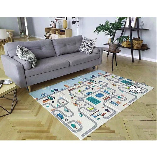 Covoras de Joaca pentru Copii Termic cu 2 Fete,  Model Vulpi si Pista de Masini, cu Spuma, Impermeabil, Antiderapant, 200cm x 160cm x 0.6cm