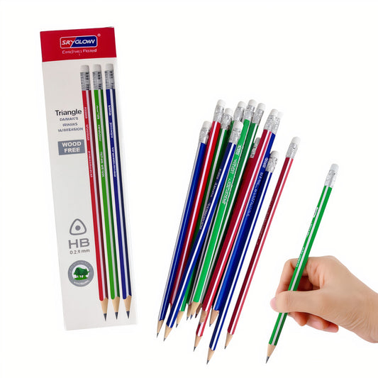 Creioane Grafit 12/set HB Triunghiulare, 12/tipla cu Radieră Model Colorat