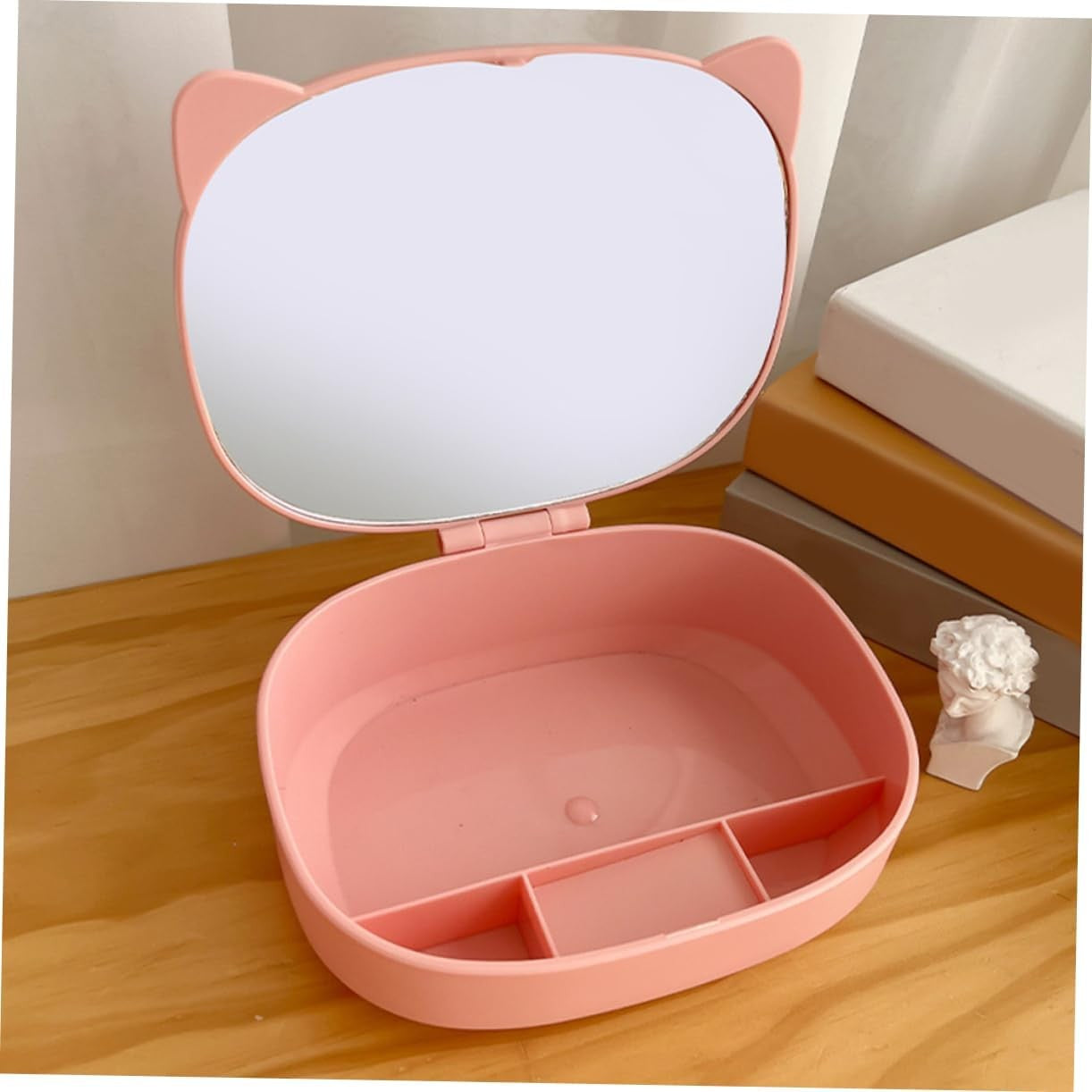 Cutie cu Oglinda, Model Pisica, 4 Compartimente, Cutie de Depozitare a Machiajelor si Accesoriilor, Oglinda de Machiaj, 17x13x6cm, Roz