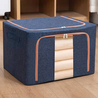 Cutie de depozitare pliabila, Cu fermoar, 100 L, Textil, 60x42x40 cm, Cadru Metalic, Suport Baza Stabil din Plastic, Albastru Marin