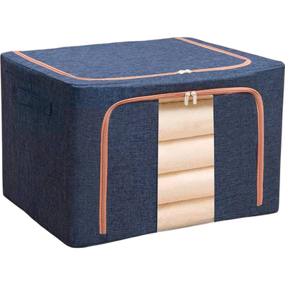 Cutie de depozitare pliabila, Cu fermoar, 100 L, Textil, 60x42x40 cm, Cadru Metalic, Suport Baza Stabil din Plastic, Albastru Marin