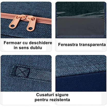 Cutie de Depozitare Pliabila, Cu Fermoar, 24 L, Textil, 40x30x20 cm, Cadru Metalic, Suport Baza Stabil din Plastic, Albastru Marin cu Doua Ferestre