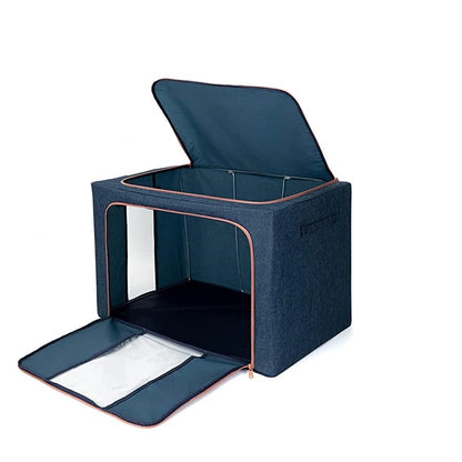 Cutie de Depozitare Pliabila, Cu Fermoar, 24 L, Textil, 40x30x20 cm, Cadru Metalic, Suport Baza Stabil din Plastic, Albastru Marin cu Doua Ferestre