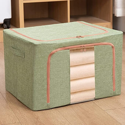 Cutie de Depozitare Pliabila, 24 L, din Bumbac si In, 40x30x20 cm, Fereastra Frontala, 2 Usi de Acces cu Fermoar Bidirectional, Cadru Metalic, Suport Baza Stabil din Plastic, Verde