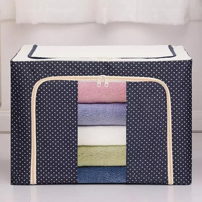Cutie de Depozitare Pliabila, 66 L, din Panza Oxford, 50x40x33 cm, 2 Ferestre, Frontala si Laterala, 2 Usi de Acces cu Fermoar Bidirectional, Cadru Metalic, Suport Baza Stabil din Plastic, Imprimeu Buline, Albastru Marin