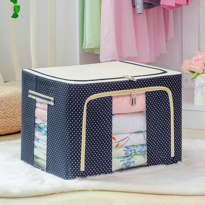 Cutie de Depozitare Pliabila, 66 L, din Panza Oxford, 50x40x33 cm, 2 Ferestre, Frontala si Laterala, 2 Usi de Acces cu Fermoar Bidirectional, Cadru Metalic, Suport Baza Stabil din Plastic, Imprimeu Buline, Albastru Marin