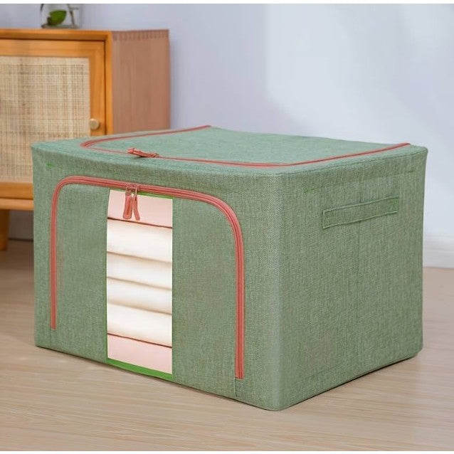 Cutie de Depozitare Pliabila, Cu fermoar Bidirectional, 66 L, Textil, 50x40x33 cm, Cadru Metalic, o Fereastra, Suport Baza Stabil din Plastic, Verde