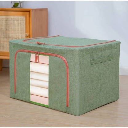 Cutie de Depozitare Pliabila, Cu fermoar Bidirectional, 66 L, Textil, 50x40x33 cm, Cadru Metalic, o Fereastra, Suport Baza Stabil din Plastic, Verde