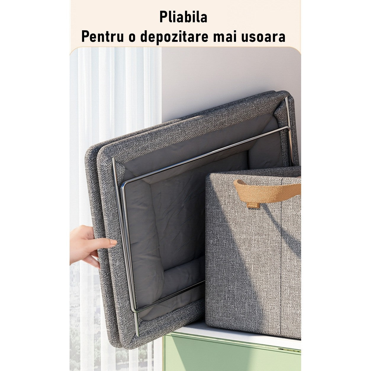 Cutie de Depozitare Tip Cos, Material Textil, Pliabila, 47x35x30 cm, 50 l, Cadru Metalic, cu Manere, Gri