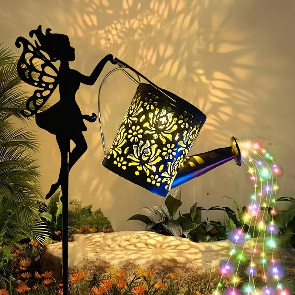Decor Ornament pentru Gradina, Decoratiune pentru Gradina, Model Zana cu Stropitoare, Lumini LED Alb Cald, Inaltime 63 cm, Negru