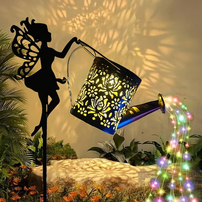 Decor Ornament pentru Gradina, Decoratiune pentru Gradina, Model Zana cu Stropitoare, Lumini LED Alb Cald, Inaltime 63 cm, Negru