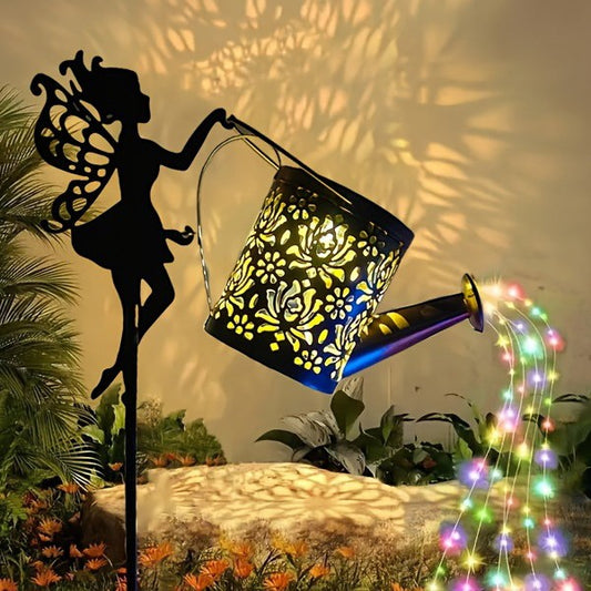 Decor Ornament pentru Gradina, Decoratiune pentru Gradina, Model Zana cu Stropitoare, Lumini LED Alb Cald, Inaltime 63 cm, Negru