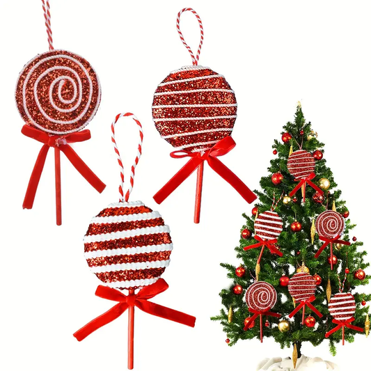 Decoratiune pentru Brad, Acadele, rosu cu alb, 3/set