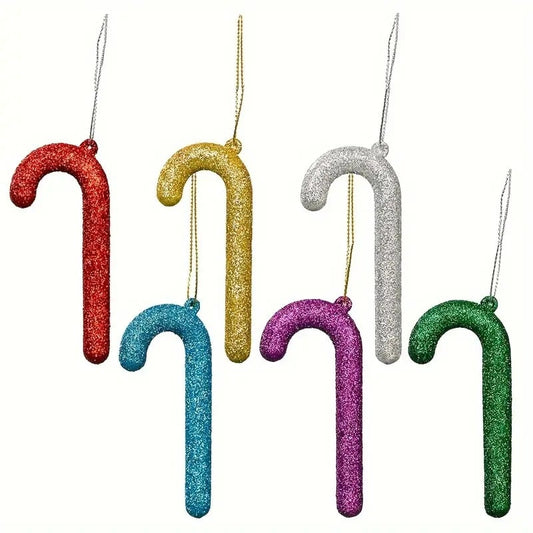 Decoratiune de Craciun, Baston cu sclipici, diverse culori, 6 bucati, 10 CM